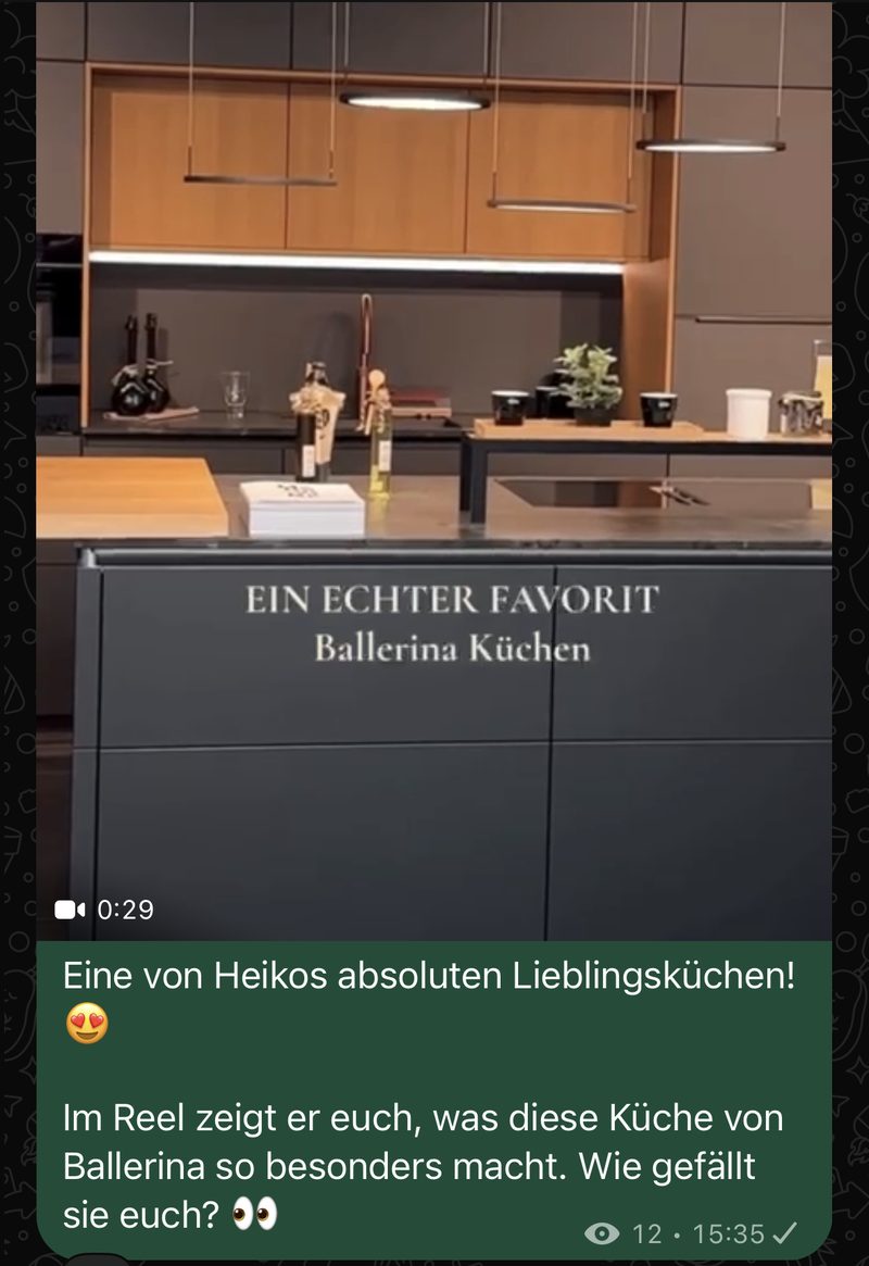 Beitrag im WhatsApp-Kanal von Möbel Fetzer: Reel zur Ballerina-Küche mit Text „Eine von Heikos absoluten Lieblingsküchen“