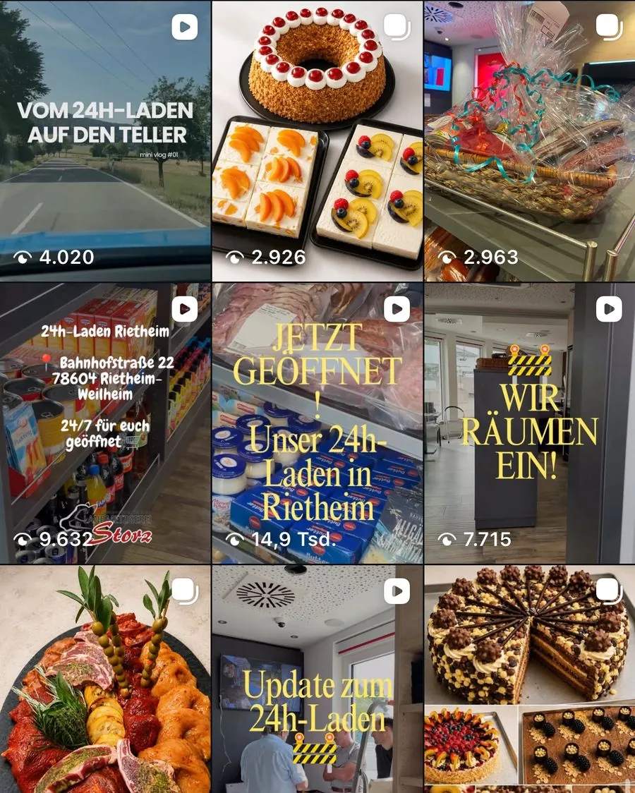 Instagram-Beiträge der Landmetzgerei Storz: 24h-Laden-Serie, Kuchenplatten, Präsentkorb und Grillplatte
