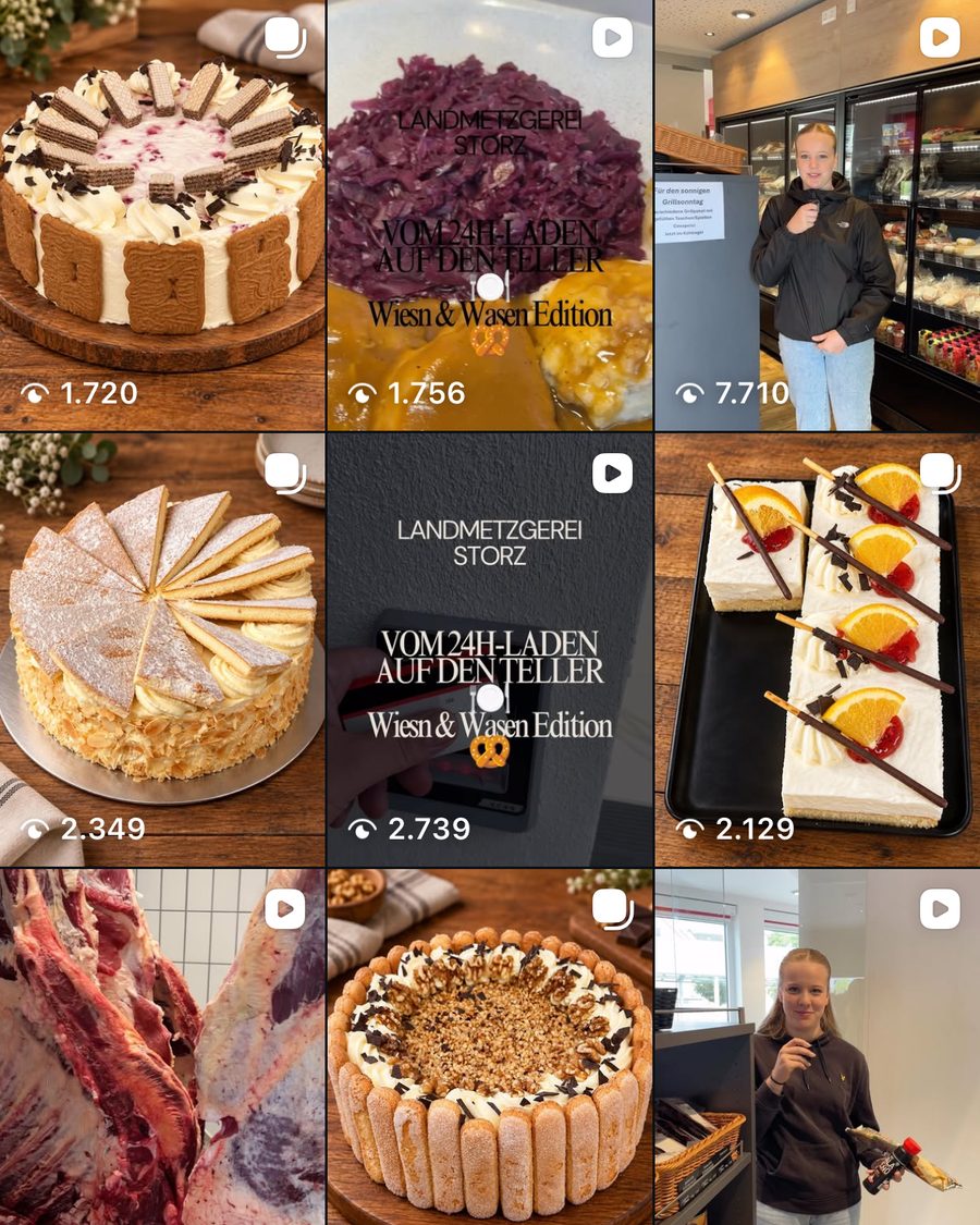 Ausschnitt aus dem Instagram-Feed der Landmetzgerei Storz: Torten, Reels aus dem Laden und dem 24h-Laden