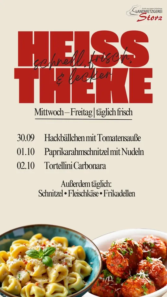 Story-Grafik Heiße Theke der Landmetzgerei Storz mit den Tagesgerichten von Mittwoch bis Freitag